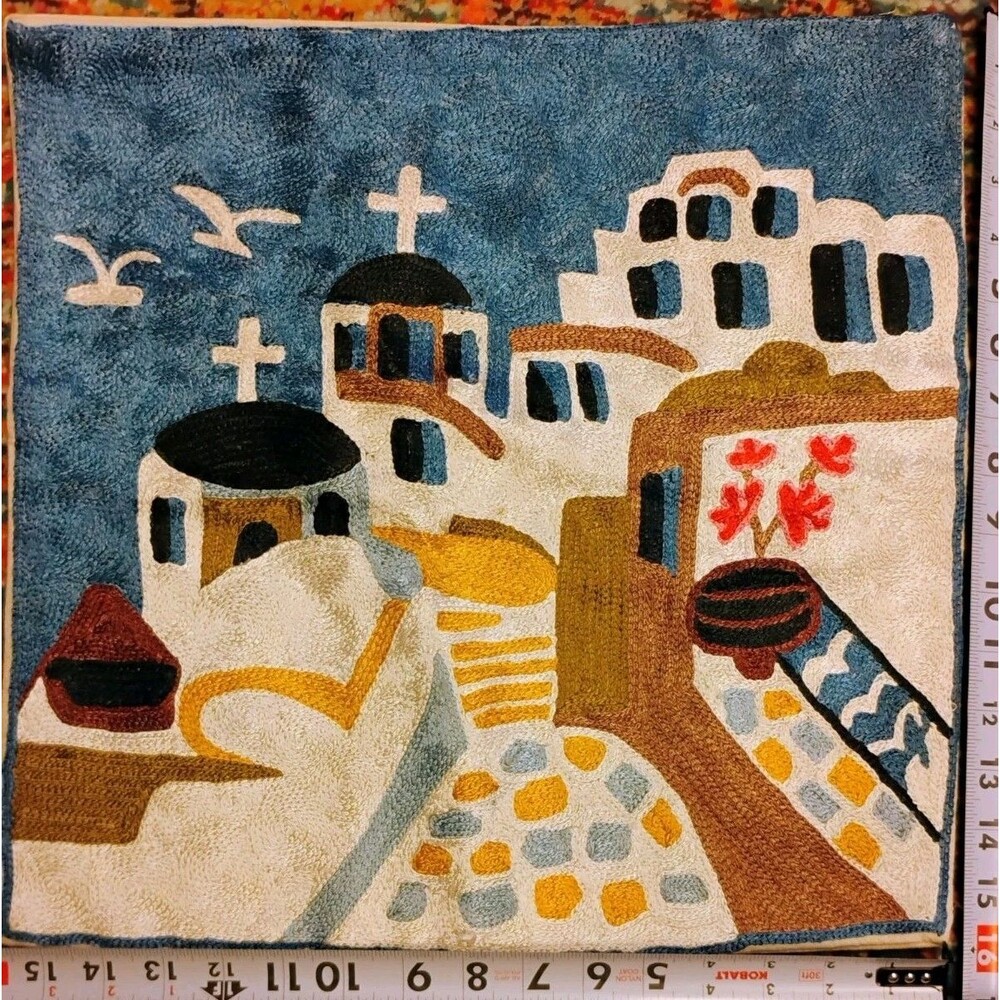 Vintage Greek Island Santorini Chain Stitch Embroidered Pillow Cover 16"